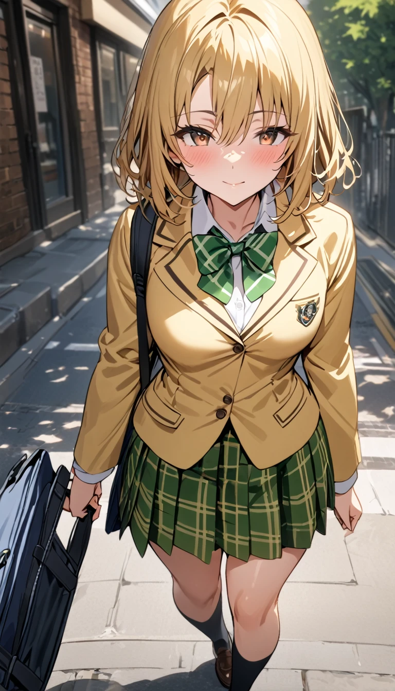 masterpiece, best quality, highres, 1girl, solo, blonde medium hair, brown eyes, , green bowtie, blazer, yellow jacket, long sleeves, plaid skirt, green skirt, walking on street,holding a school bag ,from above