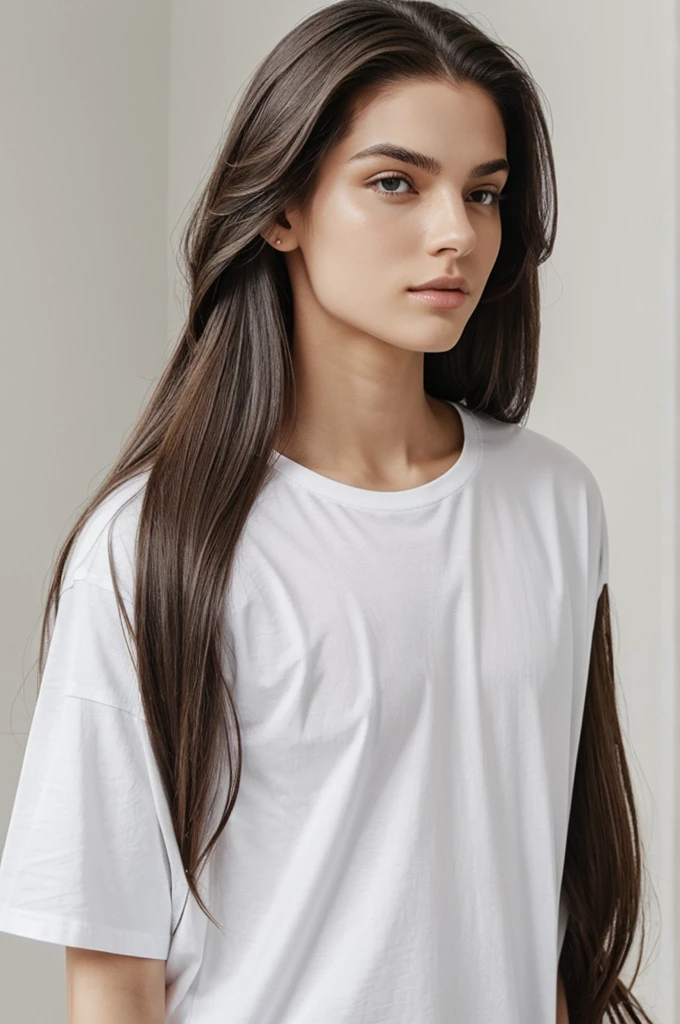 long hair, slicked back, white T-shirt