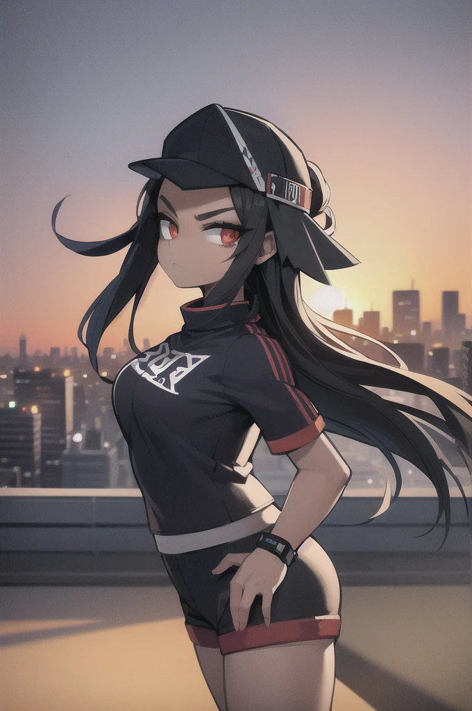 ((masterpiece, best quality)), (1girl), (solo), (female focus), (city view:1.2), (sunset:1.3), (meteor:1.4), (standing:1.3), Streetwear, Retro-style clothing, Athletic wear, Tracksuit, Sneakers, Accessories, Snapback, Long T-shirt, Shorts, black hair, red eyes, (very wide shot:1.5), cowboy shot