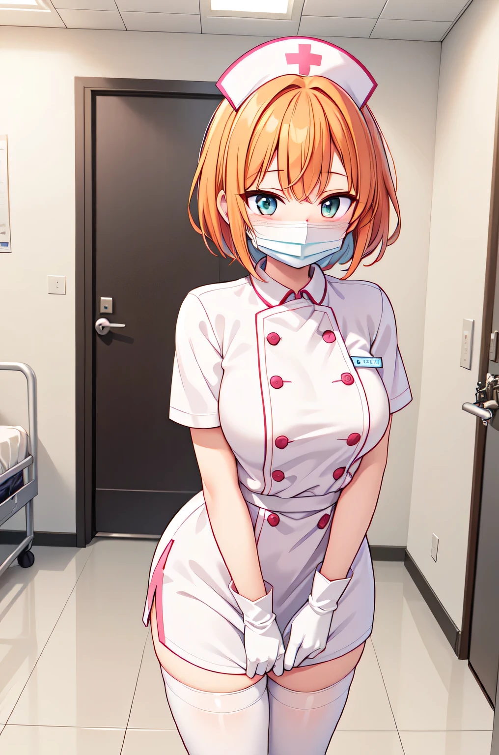 1girl, solo, nurse, nurse cap, white nurse uniform, ((white legwear, zettai ryouiki)), white gloves, very short hair, orange hair, ((white surgical mask, covered nose)), standing, ((hospital room)), sharp outline, short sleeves, tomboy, boyish, best quality, masterpiece