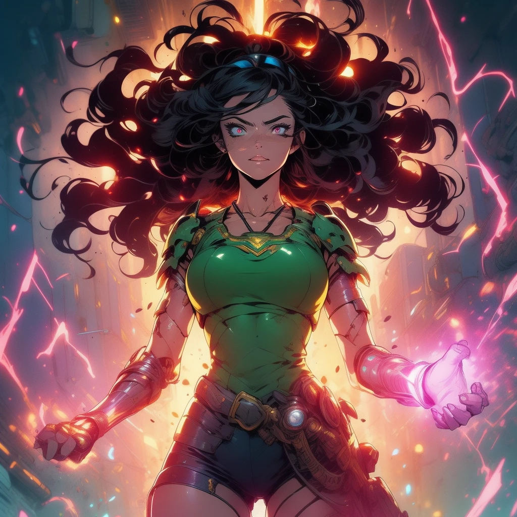 (masterpiece), (best quality), 1girl, detailed hair, cyborg girl, female warrior battle field, stand, (goledn glowing eyes), cyborg armor, golden armor