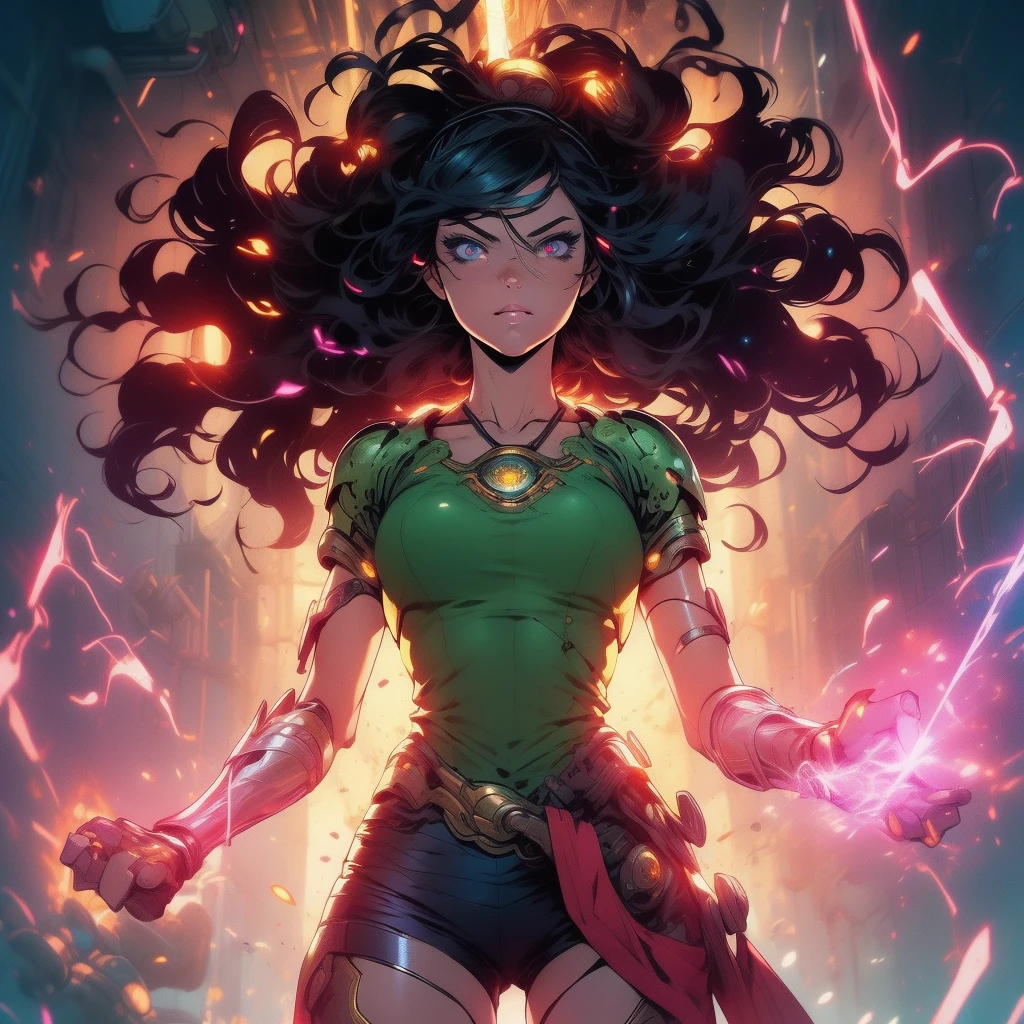 (masterpiece), (best quality), 1girl, detailed hair, cyborg girl, female warrior battle field, stand, (goledn glowing eyes), cyborg armor, golden armor