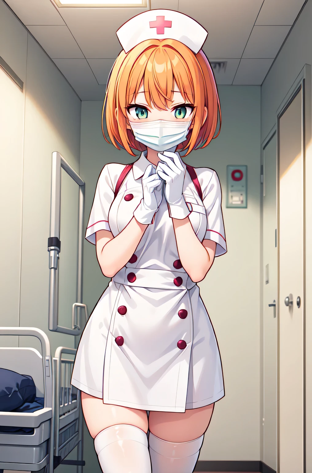 1girl, solo, nurse, nurse cap, white nurse uniform, ((white legwear, zettai ryouiki)), white gloves, very short hair, orange hair, ((white surgical mask, covered nose)), standing, ((hospital room)), sharp outline, short sleeves, tomboy, boyish, best quality, masterpiece