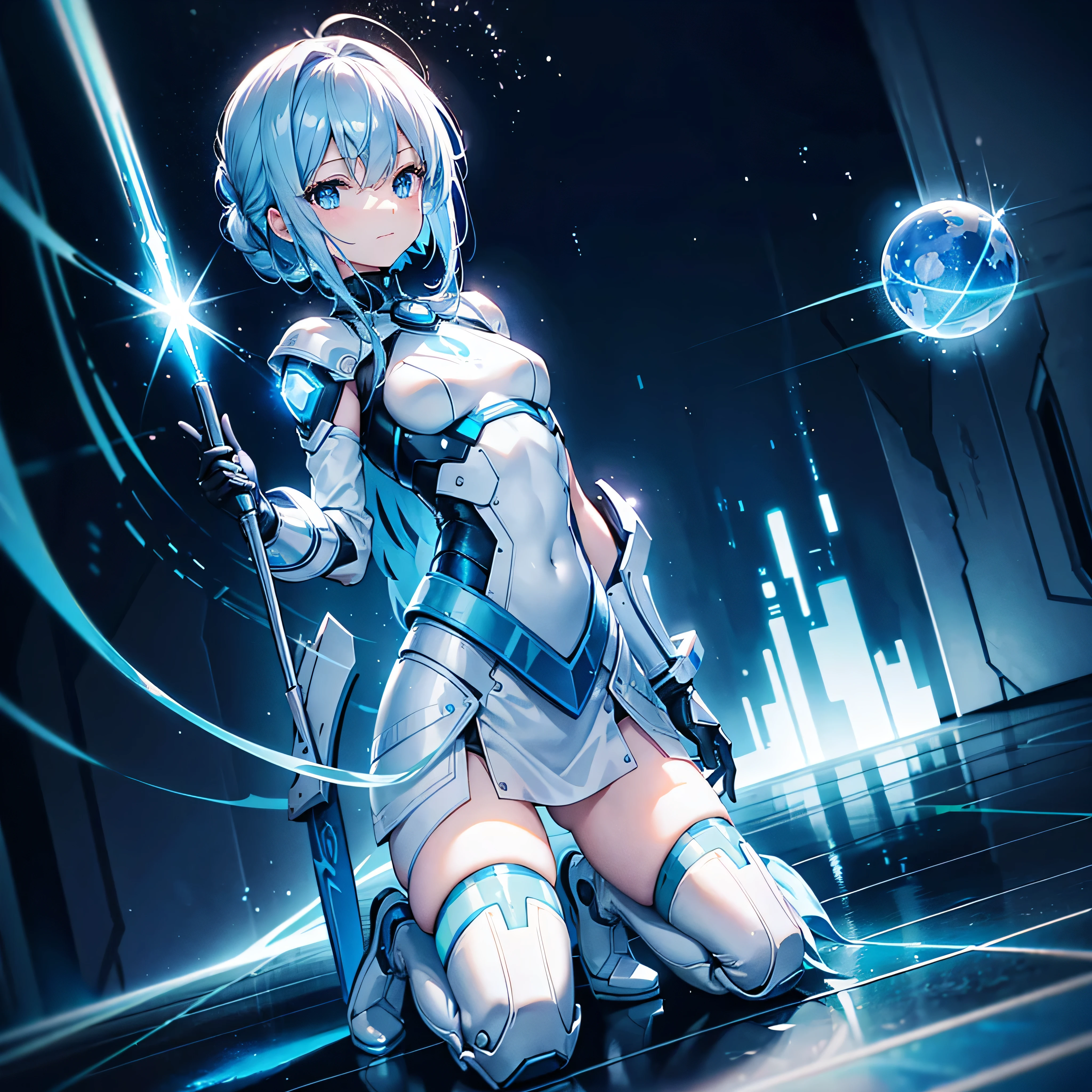 8K, Highest quality, (real:1.4), Original photo, 1 girl, Asari Hair, Biological Amplifier, Very sleek and futuristic armor, posture: Peace talks between warring factions,,attention arousal, smart blue eyes,A modest smile,Knee-high boots,Patent-look blue tights,Blue big moon and blue light swirl in the background,Blue light from behind,blue light magic,A small, glowing blue ball in the palm of your hand,Blue flame swirl,Blue Comet,Polished floor,