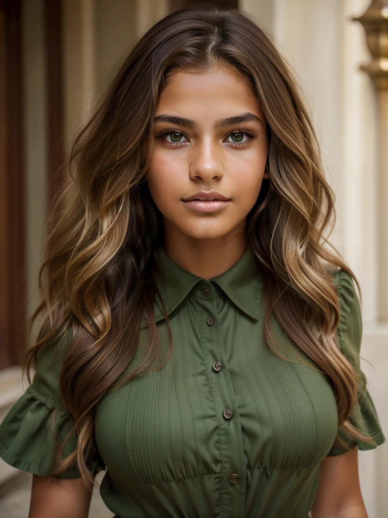 Portrait of beautiful teenage Colombian model, wavy brown hair with blonde highlights, dark green eyes, heavily tanned textured skin, Shirt with puffed sleeves, large moist lips slightly parted, attractive look, gros plan portrait, (8K, Photo brute, best quality, head of&#39;artwork: 1.2), (realistic, photorealistic: 1.37), Ultra detailed, (highly detailed skin: 1.2), 8K euh, digital SLR, Soft lighting, High quality, grain de film, Fujifilm XProfessional lighting, very detailed, mise au point ultra nette Sony FE 55mm f/1.8 POUR, Moviecam Compact MK2