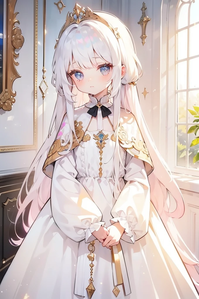 8K, (Tabletop), (High resolution), (dramatic), (Natural light), (small), 1 Girl, young, Baby Face, Flat Chest, , Gray Hair, Long Hair, (Straight Hair Skin)), Beautiful Hair, White clothes, dress, Long bangs, ((Cape)), White Skirt, (uniform)
