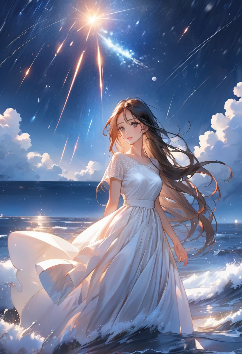 (Best Quality) (Best Masterpiece) Woman with long hair standing in moonlit sea, wearing white dress, sky shining with meteor shower.