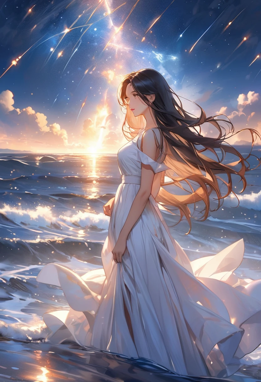 (Best Quality) (Best Masterpiece) Woman with long hair standing in moonlit sea, wearing white dress, sky shining with meteor shower.