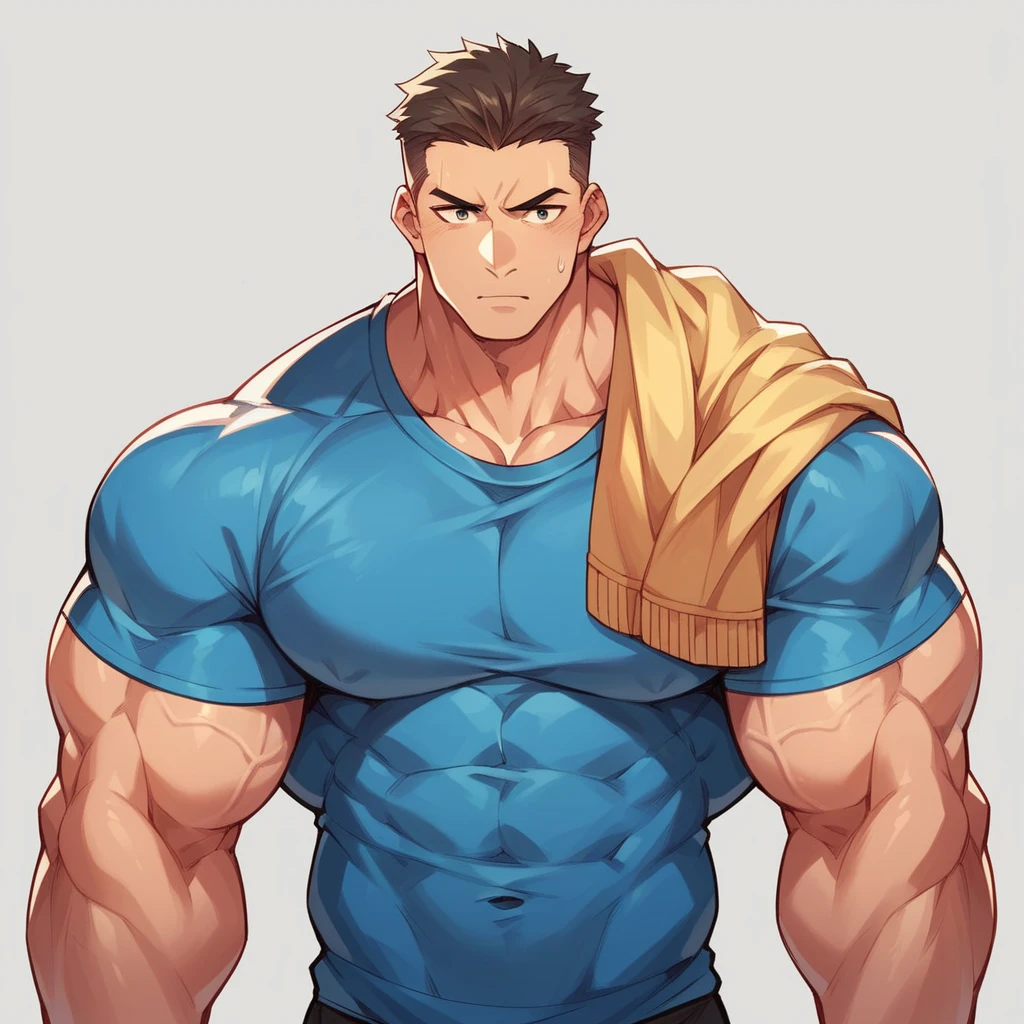 Girl wearing blue shirt, muscular biceps, muscular pecs