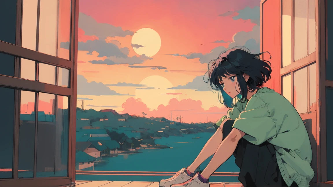 anime girl sitting on floor looking out window at city, anime aesthetic, anime vibes, Lofi Artstyle, Lo-fi portrait by the window, Sunsetを眺める. anime, Lofty Girl, anime art wallpaper 4 k, anime art wallpaper 4k, anime art wallpaper 8 k, anime background art, Lofi Color, Lofi Art, anime asthetic,masterpiece, Highest quality, Rainbow Style, anime, Beautiful Asian Girl, Along the Hawaiian Coast, Cute and dreamy,anime,Illustrator,LOFI Girl, Blues,landscape,Sunset
