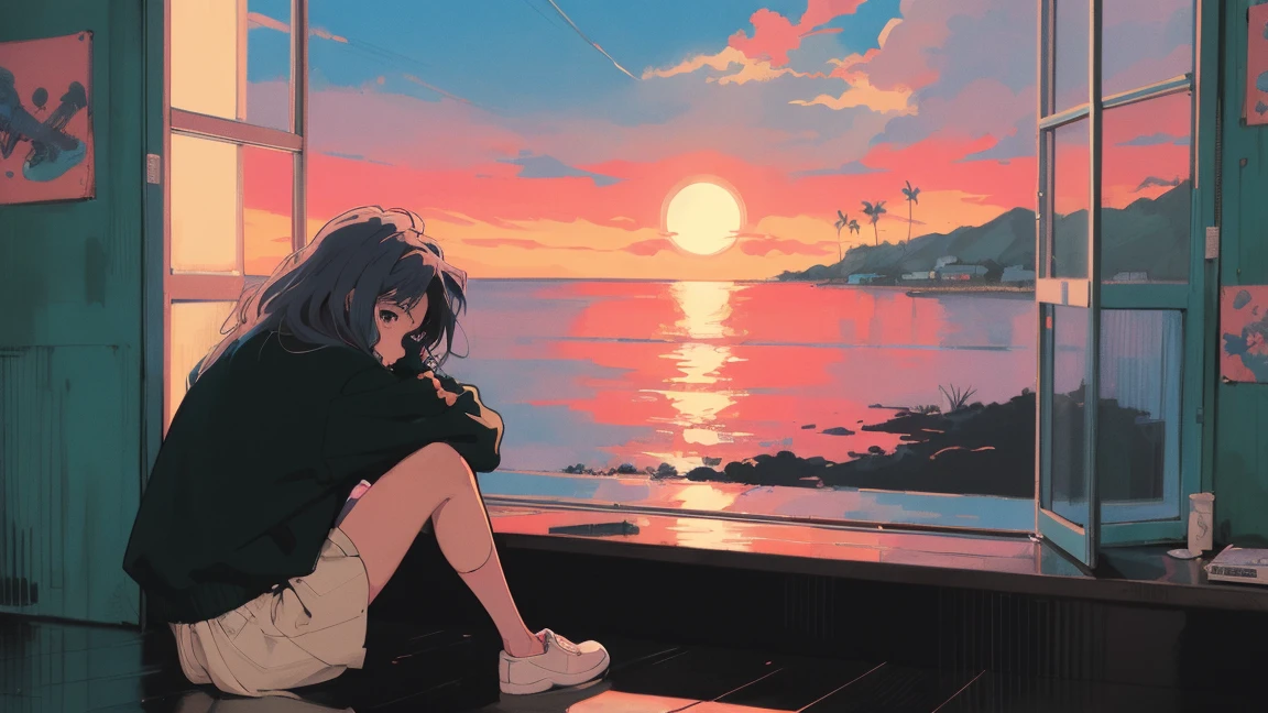 anime girl sitting on floor looking out window at city, anime aesthetic, anime vibes, Lofi Artstyle, Lo-fi portrait by the window, Sunsetを眺める. anime, Lofty Girl, anime art wallpaper 4 k, anime art wallpaper 4k, anime art wallpaper 8 k, anime background art, Lofi Color, Lofi Art, anime asthetic,masterpiece, Highest quality, Rainbow Style, anime, Beautiful Asian Girl, Along the Hawaiian Coast, Cute and dreamy,anime,Illustrator,LOFI Girl, Blues,landscape,Sunset