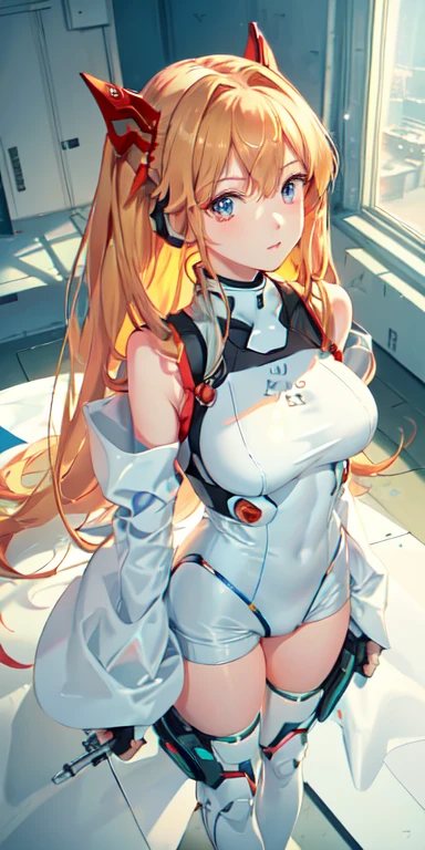 (Overhead view),dynamic angle,ultra-detailed, illustration, close-up, straight on, 1girl, 
 ((souryuu asuka langley, interface headset, red bodysuit:1.4, blonde)),Her eyes shone like dreamy stars,(glowing eyes:1.233),(beautiful and detailed eyes:1.1),(expressionless,closed mouth),(standing), 
(mechanic room with toolsand spaceship windowin a white SPACESHIP),
(night:1.2),dreamy, [[delicate fingers and hands:0.55]::0.85],(detail fingers),