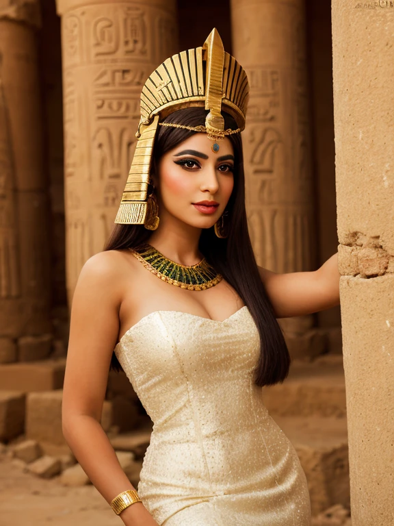 Arafed woman in a white dress and a golden headdress., hermosa Cleopatra, Egyptian princess, retrato de Cleopatra, Cleopatra, Egyptian, Egyptian style, Egyptian clothing, Cleopatra in her palace, Egyptian clothes, ancient princess Libu, android girl in Egyptian ruins, wearing an Egyptian crown, ancient Egyptian, retrato de Cleopatra, Beautiful goddess, pharaoh clothes, Egyptian makeup