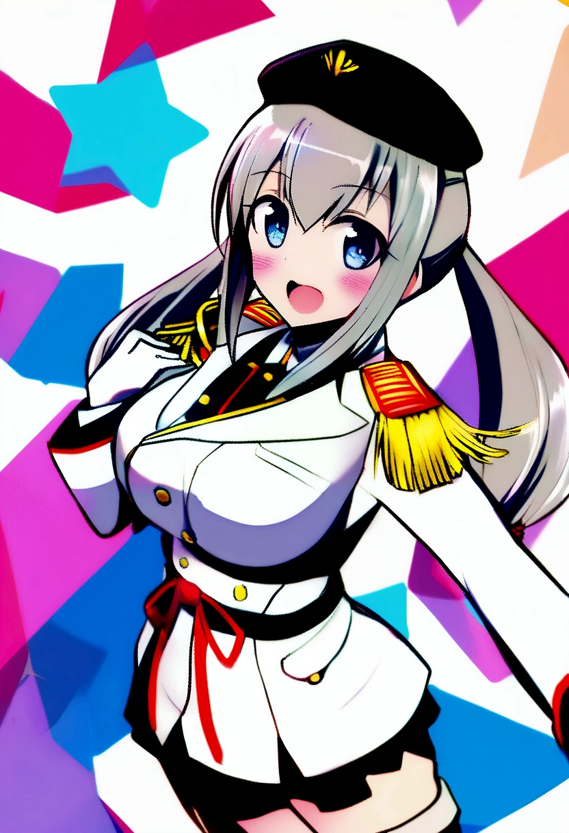 best quality, masterpiece, highres, solo, {kashima_kantaicollection:1.15}, twintails, grey_hair, wavy_hair, blue_eyes, breasts, blush, long_hair, smile, hat, large_breasts, beret, 1girl, epaulettes, military, military_uniform, uniform, jacket, looking_at_viewer, neckerchief, sidelocks, gloves, long_sleeves, red_neckerchief, white_jacket, white_gloves, military_jacket, black_headwear, buttons, frills, skirt, pleated_skirt, frilled_sleeves, black_skirt, hair_between_eyes, open_mouth