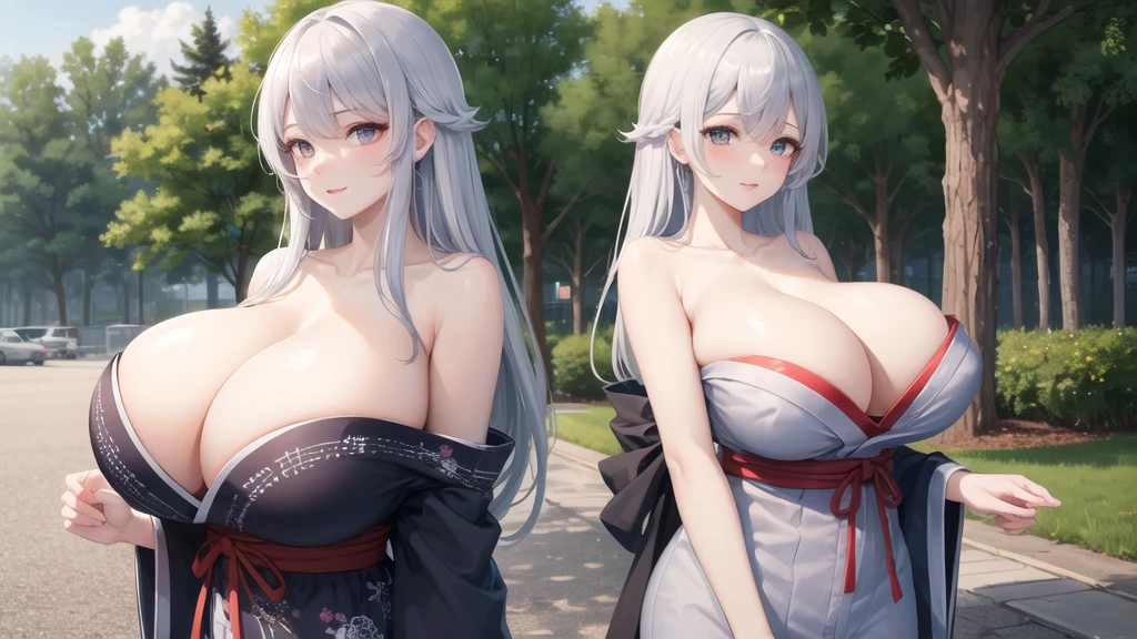 (((masterpiece, best quality))), (((superior quality))), cute girl, ((extremely detailed girl)), ((huge breasts)), yukata, bare shoulders, strapless top, long silver hair, happy