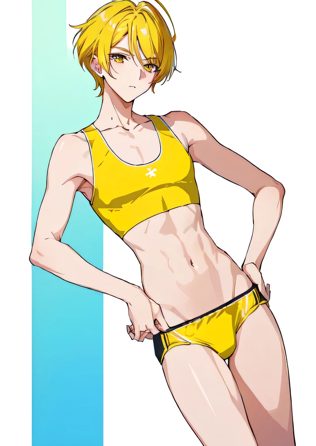 anime boy in a bikini with an black top, bikini with an black bottom, solo, shirobako, best anime boy, Enchanting anime boy, blond haired boy, Blue-eyed boy, cel shaded anime, Sex anime style, Sex, Boy in swimsuit, clothing: bikini, in a bikini, in a triangle bikini, wearing bikin swimsuit, anime moe art style, wearing a swimsuit, official anime yet, anime male characters, realistic bikini