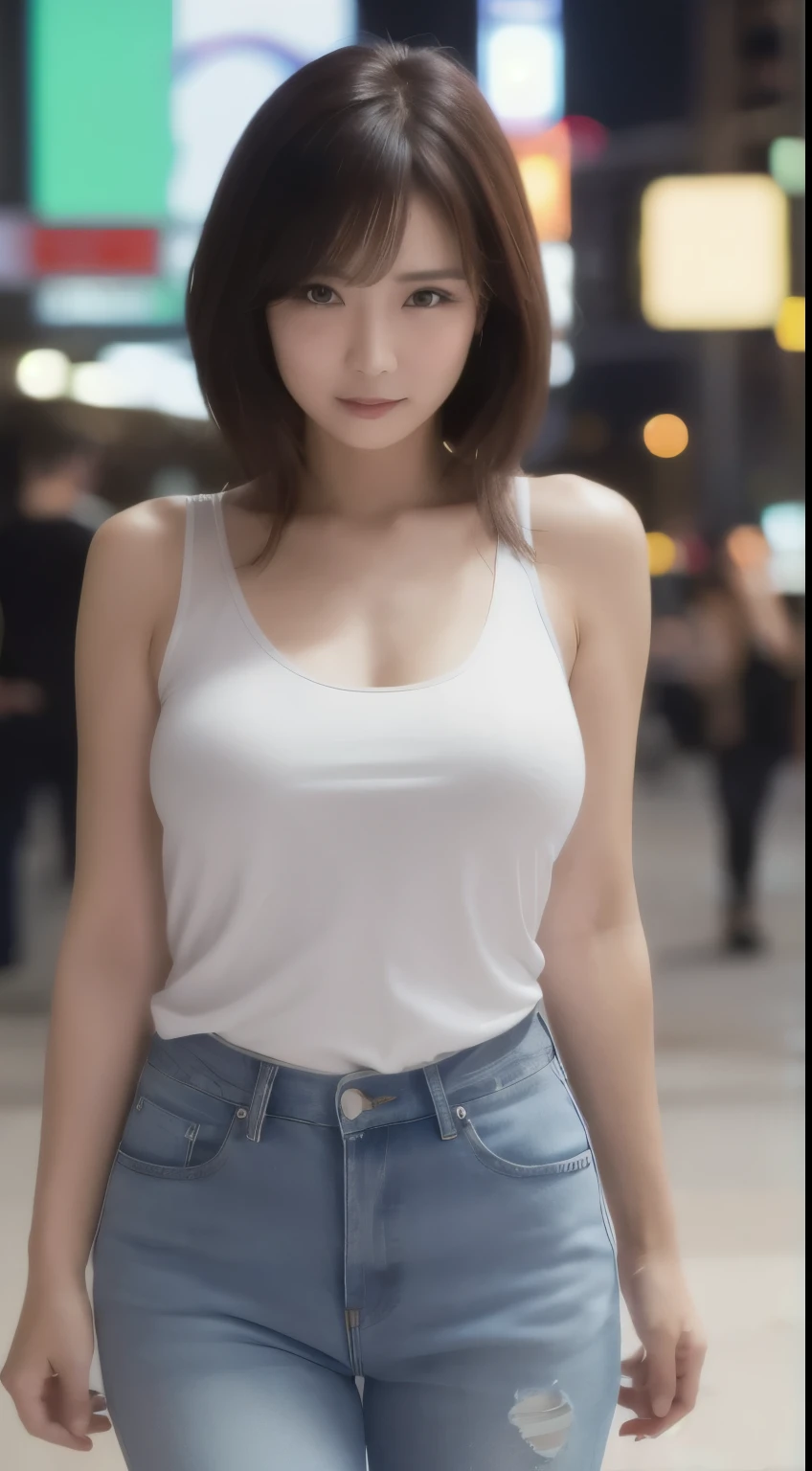 (Highest quality,4K,8K,High resolution,masterpiece:1.2),Super detailed,(Realistic,photoRealistic,photo-Realistic:1.37),Selfie,(Upper Body),Beautiful Japanese woman in her 40s,White tank top and oversized distressed jeans,Ample breasts,Happy expression,Chat Room,early summer,Shinjuku at night,Bokeh Background,Long brown hair tied up in a ponytail,Floating hair,