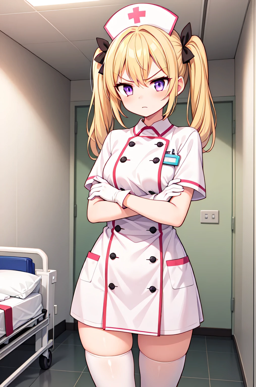 1girl, solo, nurse, nurse cap, white nurse uniform, ((white legwear, zettai ryouiki)), white gloves, twintails, yellow hair, purple eyes, angry, crossed arms, standing, ((hospital room)), sharp outline, short sleeves, best quality, masterpiece