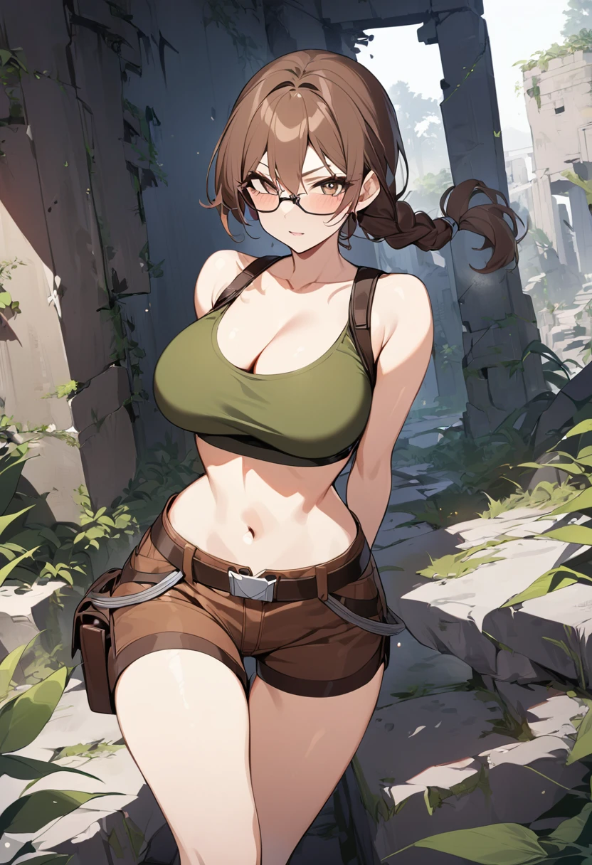 Masterpiece, best quality, 1girl, Lara Croft, classic tomb raider, olive crop top, brown shorts, pilot glasses, brown hair, braided ponytail, in ancient ruins,  ((arms behind back)), looking at camera, cleavage, very busty, smqll waist