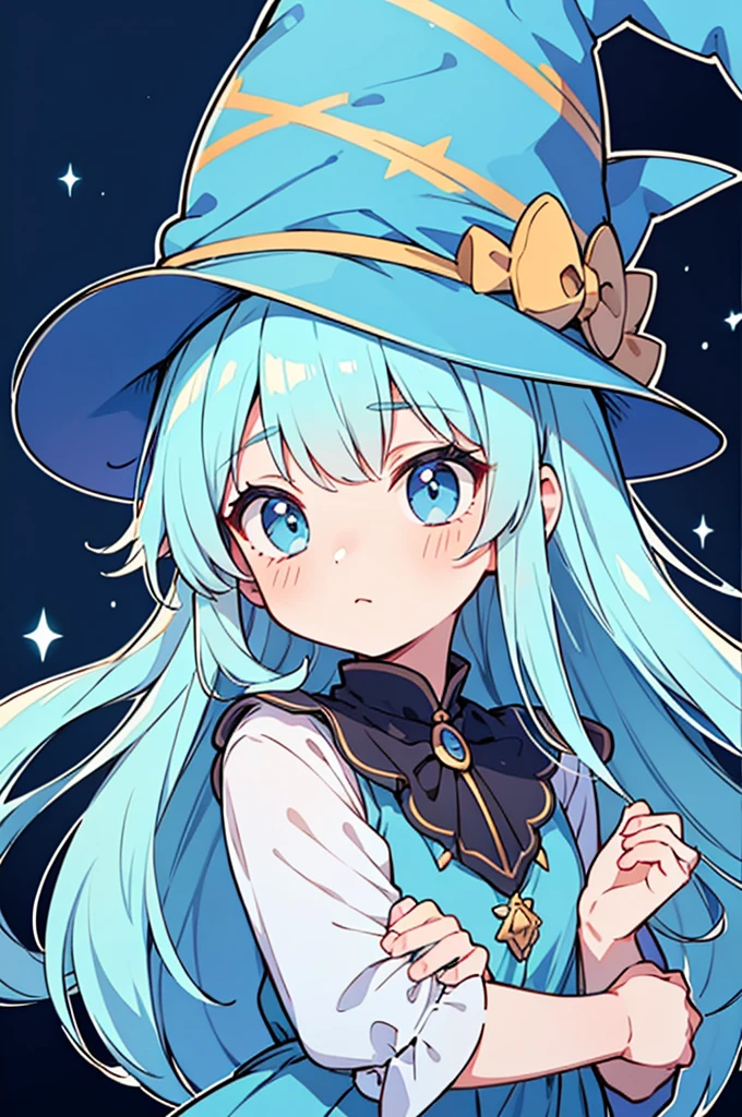 anime movie style thick outline,ultra detailed face,1boy,
chou kawaii shota,light blue hair,loose long hair,
wearing light blue witch dress and hat,
