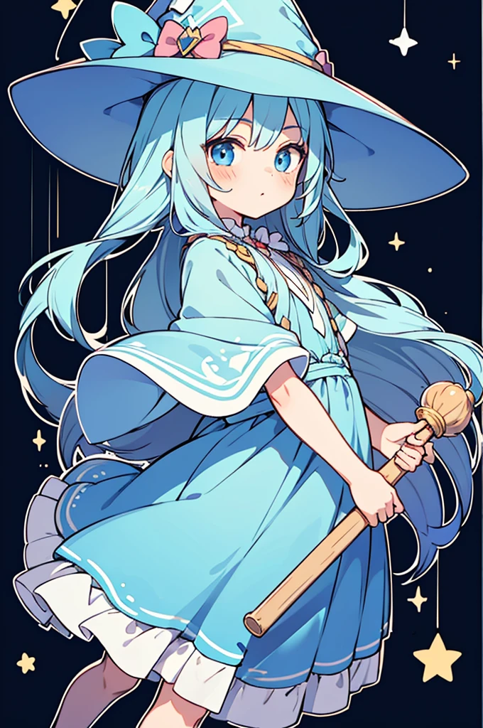 anime movie style thick outline,ultra detailed face,1boy,
chou kawaii shota,light blue hair,loose long hair,
wearing light blue witch dress and hat,