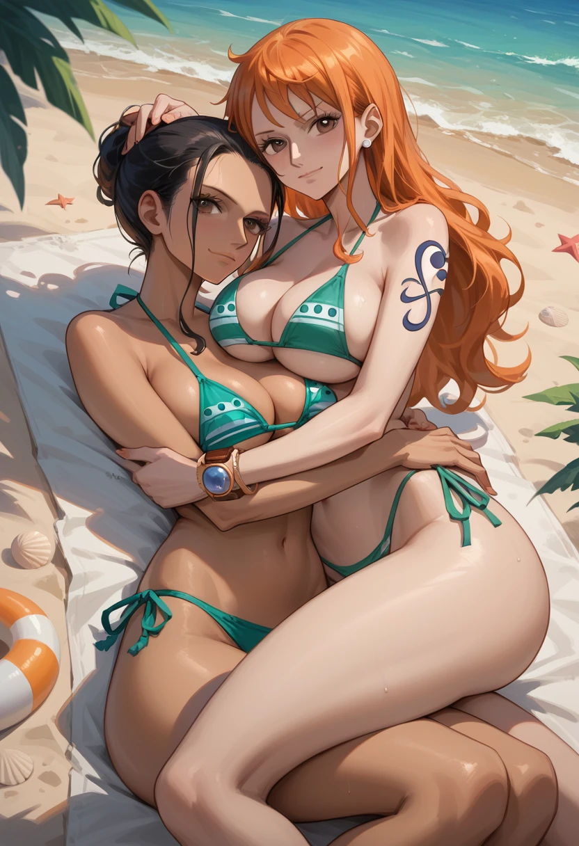 score_9, score_8_up, score_7_up, score_6_up, score_5_up, score_4_up, (beach background), (2girl), (laying on ground and hugging eachother), (smirk), (cleavage view), (2girl, ((1girl, 18 years old, Nami, fair skin, orange hair, brown eyes, hourglass figure, thin body, skinny body, petite_body, short height, medium breasts), (green microbikini)), ((1girl, milf, Nico Robin, latina, brown skin, short black hair with bangs, bangs hairstyle, brown eyes, hourglass figure, thick body, curvy body, large breasts, wide hips, thick thighs), (purple microbikini)), 