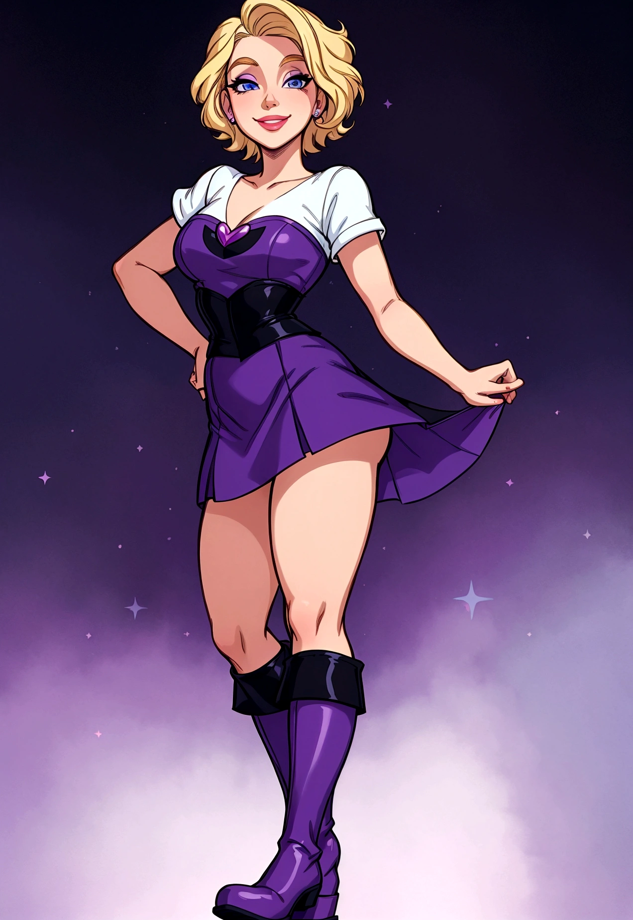 (disney style), (masterpiece, best quality:1.2), disney ariel, blonde short hair, blue eyes, purple cropped, black short skirt, black boot, purple band, smile, standing, front. white background
