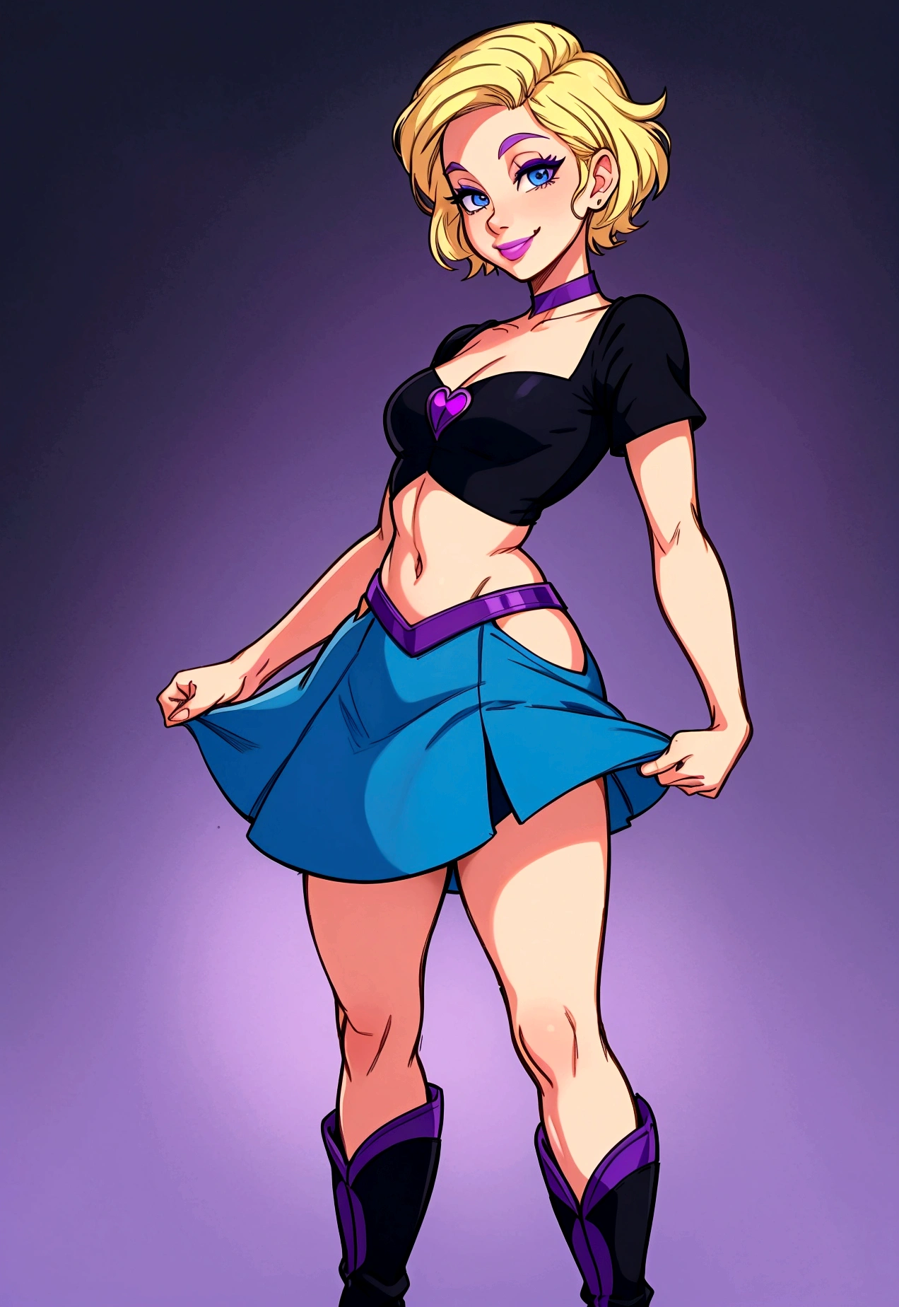 (disney style), (masterpiece, best quality:1.2), disney ariel, blonde short hair, blue eyes, purple cropped, black short skirt, black boot, purple band, smile, standing, front. white background