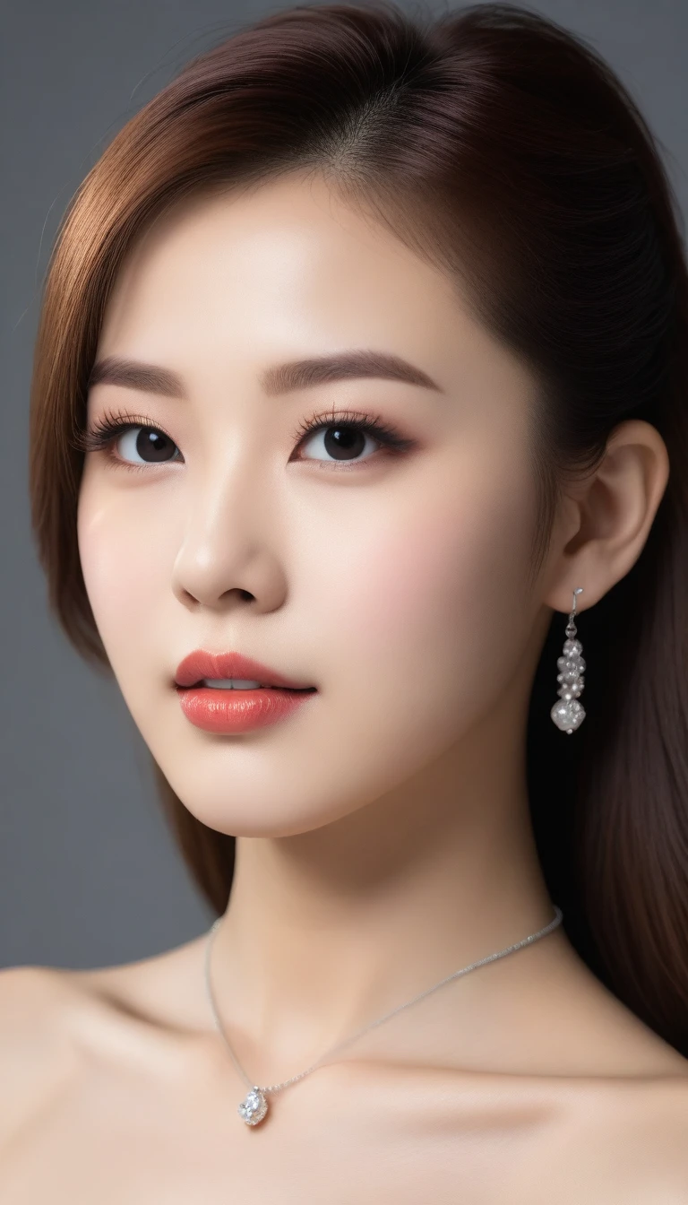 8K, Ultra-high resolution, best quality, masterpiece, Surreal, photo, 1 girl, (16 years old:1.3), pretty girl, Cute face, Beautiful eyes in every detail, 細かくdetailedに,masterpiece,Japanese female announcer,(masterpiece:1.21),(best quality:1.21),8K,detailedな,超detailed,Writing border depth,Wide Angle, Medium shot, Intermediate pose ,Full body hip lift pose , Above the knee position , A girl,Pretty Face,Elegant hands,Real skin texture,Solitary,Viewer,beauty的背景正在流行,(灰colorの背景のポートレートphoto),iris,Beautiful details,Random_color_Lipstick,Eyeliner,eyelash,Random_color_nail_Grinding,earrings,necklace,Metallic copper hair,Hair Bun,conceited,High-Key Lighting,shadow,Sexy pose、see through 、Looking at the audience、beauty,Long Neck、Smile、Please close your mouth and smile、(((Ideal body shape))),A cup small breasts :2,、image:2、Perfect anatomical structure、鮮明なdetailed、detailed、Surreal、光とshadow,glare,Fashion magazine cover,Thin lips