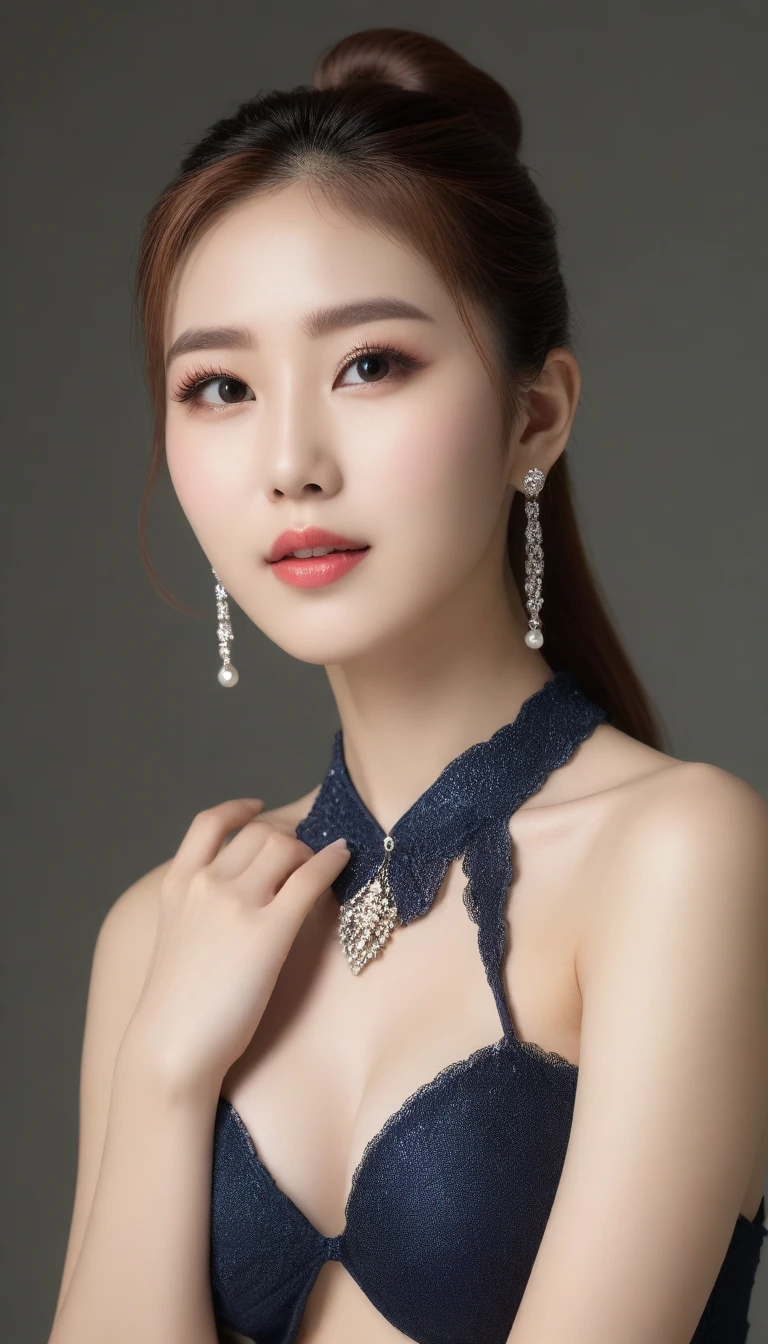 8K, Ultra-high resolution, best quality, masterpiece, Surreal, photo, 1 girl, (:1.3), pretty girl, Cute face, Beautiful eyes in every detail, 細かくdetailedに,masterpiece,Japanese female announcer,(masterpiece:1.21),(best quality:1.21),8K,detailedな,超detailed,Writing border depth,Wide Angle, Medium shot, Intermediate pose ,Full body hip lift pose , Above the knee position , A girl,Pretty Face,Elegant hands,Real skin texture,Solitary,Viewer,beauty的背景正在流行,(灰colorの背景のポートレートphoto),iris,Beautiful details,Random_color_Lipstick,Eyeliner,eyelash,Random_color_nail_Grinding,earrings,necklace,Metallic copper hair,Hair Bun,conceited,High-Key Lighting,shadow,Sexy pose、see through 、Looking at the audience、beauty,Long Neck、Smile、Please close your mouth and smile、(((Ideal body shape))),A cup small breasts :2,、image:2、Perfect anatomical structure、鮮明なdetailed、detailed、Surreal、光とshadow,glare,Fashion magazine cover,Thin lips