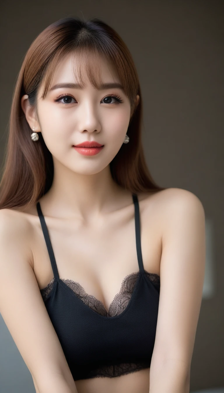 8K, Ultra-high resolution, best quality, masterpiece, Surreal, photo, 1 girl, (:1.3), pretty girl, Cute face, Beautiful eyes in every detail, 細かくdetailedに,masterpiece,Japanese female announcer,(masterpiece:1.21),(best quality:1.21),8K,detailedな,超detailed,Writing border depth,Wide Angle, Medium shot, Intermediate pose ,Full body hip lift pose , Above the knee position , A girl,Pretty Face,Elegant hands,Real skin texture,Solitary,Viewer,beauty的背景正在流行,(灰colorの背景のポートレートphoto),iris,Beautiful details,Random_color_Lipstick,Eyeliner,eyelash,Random_color_nail_Grinding,earrings,necklace,Metallic copper hair,Hair Bun,conceited,High-Key Lighting,shadow,Sexy pose、see through 、Looking at the audience、beauty,Long Neck、Smile、Please close your mouth and smile、(((Ideal body shape))),A cup small breasts :2,、image:2、Perfect anatomical structure、鮮明なdetailed、detailed、Surreal、光とshadow,glare,Fashion magazine cover,Thin lips