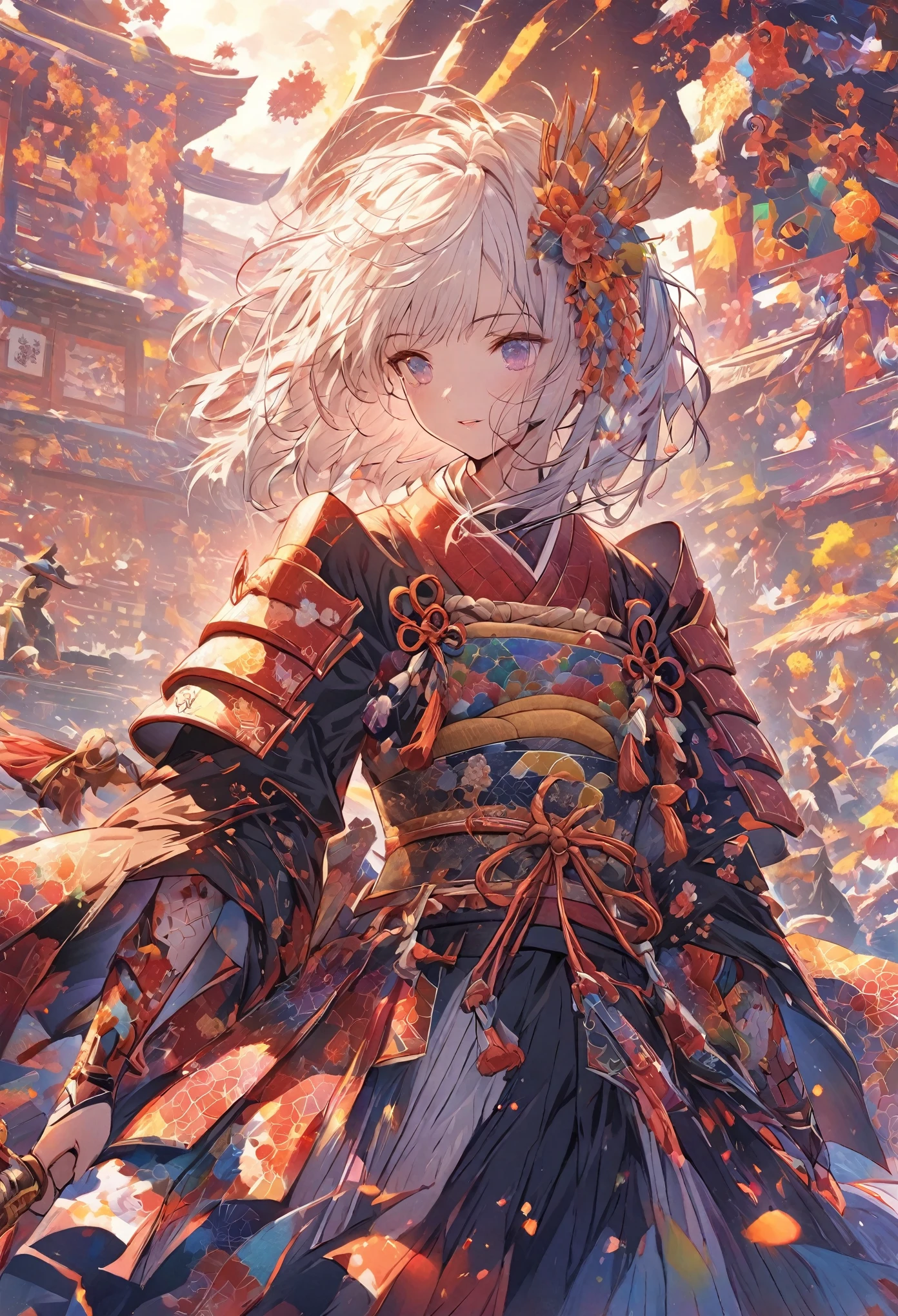 A vibrant and colorful illustration of an anime-style female samurai character with white hair, holding her sword in front of her face. She is wearing traditional Japanese adorned with floral patterns, a backdrop filled with colorful patterns representing ancient symbols and floral motifs. The background is richly detailed with geometric shapes that add depth to their figure's presence., creating a whimsical atmosphere. The background features bold colors and intricate designs that add to the overall visual appeal. This artwork showcases vivid hues, intricate details on both attire and armor, capturing movement as she walks forward in the style of intricate details on both attire and armor, capturing movement as she walks forward.