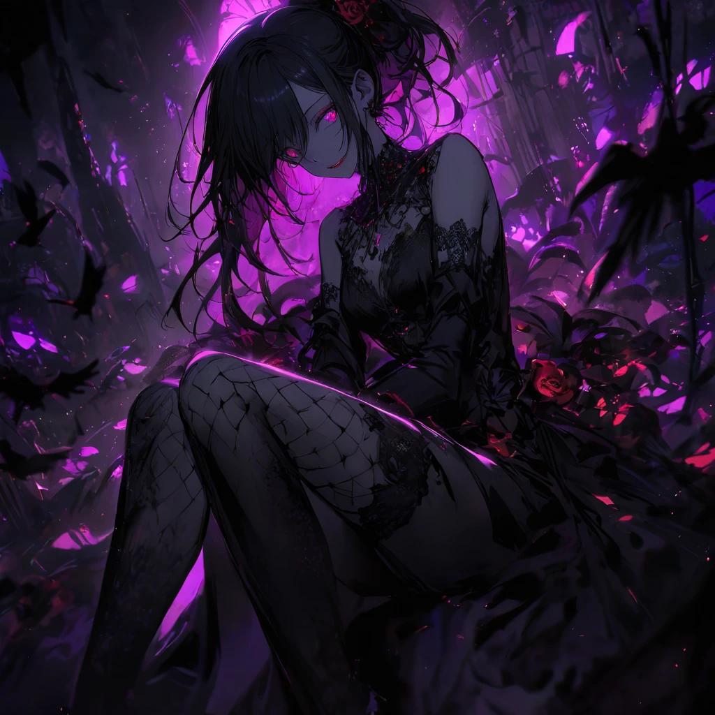 (dark atmosphere,gothic fashion,bright colors),(best quality,Super exquisite,),Sexy goth Vampire girl,In the rose garden at night,Beautiful and delicate eyes,Straight black ponytail with blue tips,Crow feathers,red lipstick,mysterious smile,Pale complexion,fishnet stockings,black lace dress,Pointed-toe bootysterious aura,The moonlight illuminates her elegant silhouette,Soft shadows and soft highlights,Contrasting colors create a vibrant atmosphere,dark and moody color palette,Subtle yet dramatic lighting effects,Sublime darkness intertwined with exquisite moonlight, She's tall and mature