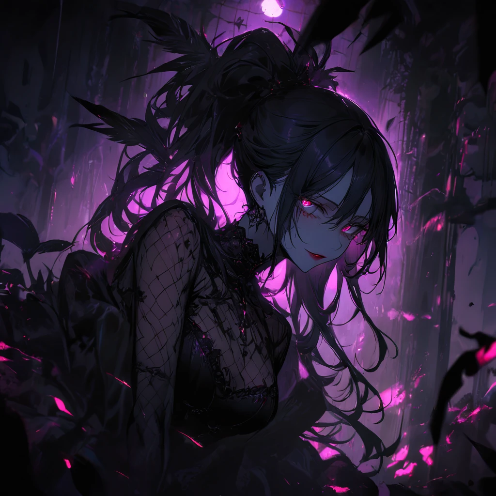(dark atmosphere,gothic fashion,bright colors),(best quality,Super exquisite,),Sexy goth Vampire girl,In the rose garden at night,Beautiful and delicate eyes,Straight black ponytail with blue tips,Crow feathers,red lipstick,mysterious smile,Pale complexion,fishnet stockings,black lace dress,Pointed-toe bootysterious aura,The moonlight illuminates her elegant silhouette,Soft shadows and soft highlights,Contrasting colors create a vibrant atmosphere,dark and moody color palette,Subtle yet dramatic lighting effects,Sublime darkness intertwined with exquisite moonlight, She's tall and mature