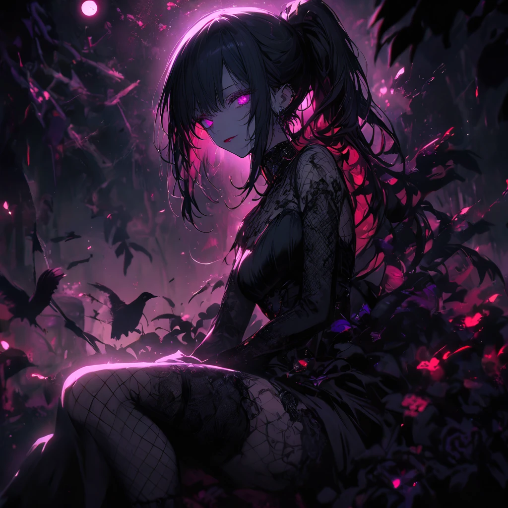 （dark atmosphere，gothic fashion，bright colors），（best quality，Super exquisite，），Sexy goth Vampire girl，In the rose garden at night，Beautiful and delicate eyes，Straight black ponytail with blue tips，Crow feathers，red lipstick，mysterious smile，Pale complexion，fishnet stockings，black lace dress，Pointed-toe bootysterious aura，The moonlight illuminates her elegant silhouette，Soft shadows and soft highlights，Contrasting colors create a vibrant atmosphere，dark and moody color palette，Subtle yet dramatic lighting effects，Sublime darkness intertwined with exquisite moonlight, She's tall and mature
