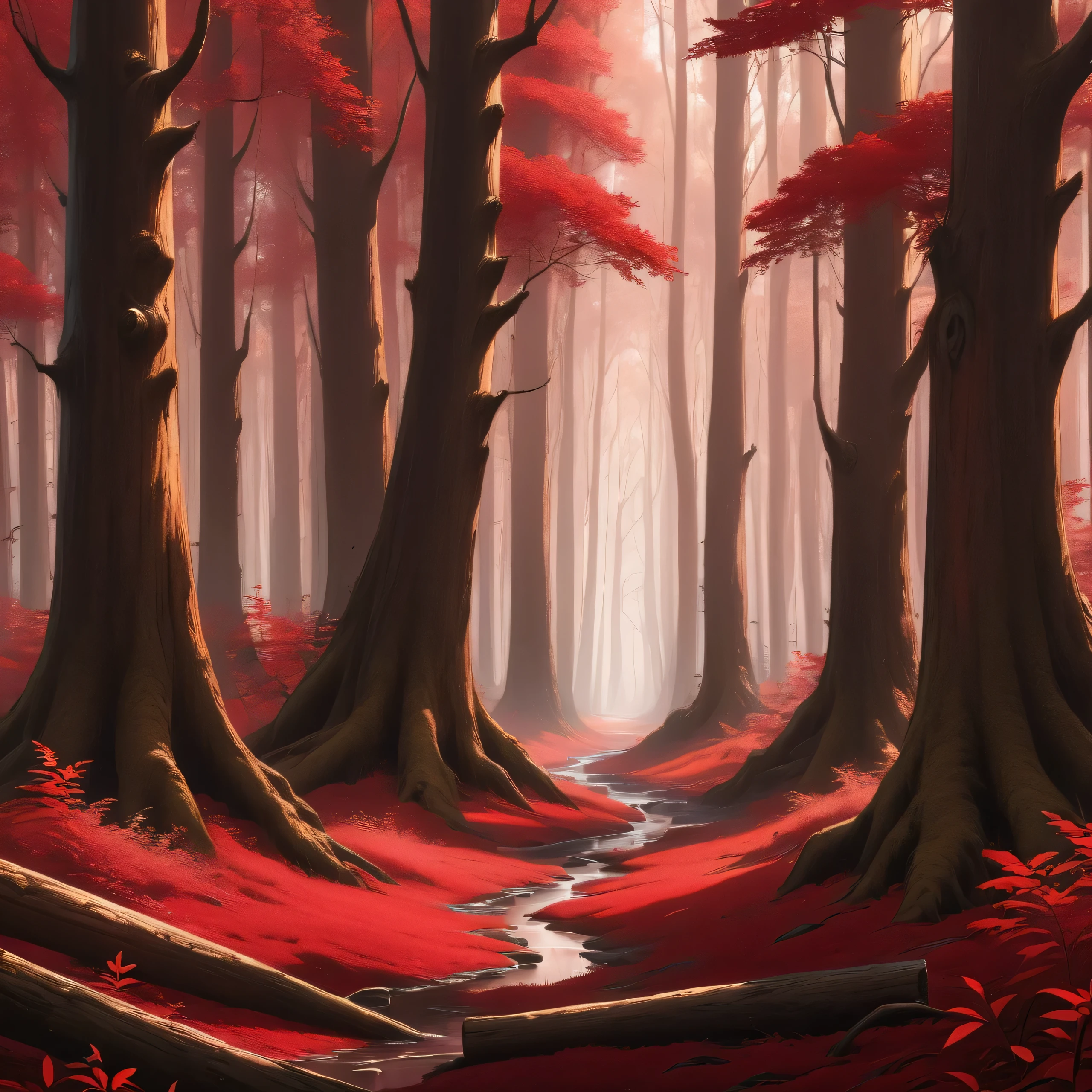 a wonderful red forest, very detailed, photographic, cinematic, 4k, tree trunks with realistic texture, undergrowth also with reddish tones, an incredible forest worthy of fantasy books. broad view