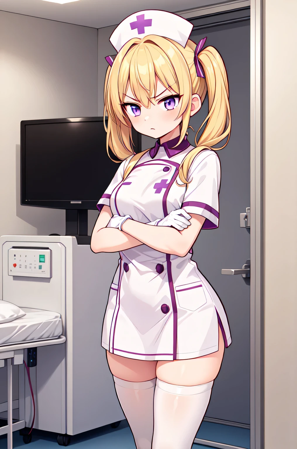 1girl, solo, nurse, nurse cap, white nurse uniform, ((white legwear, zettai ryouiki)), white gloves, twintails, yellow hair, purple eyes, angry, crossed arms, standing, ((hospital room)), sharp outline, short sleeves, best quality, masterpiece