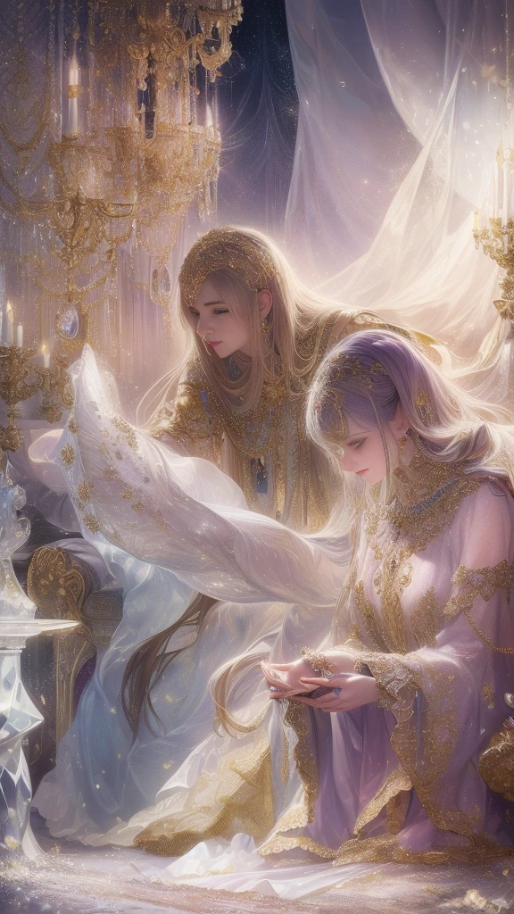 (Best quality,8K,A high resolution,Masterpiece:1.2),Ultra-detailed,(Realistic,Photorealistic,photo-realistic:1.37),Portrait,Creative style artwork,Historical,classical,Sophisticated,plethora of colors,Highly detailed,Soft lighting,luxurious environment,Delicate fairy flowing dress,Vibrant flowers,detailed jewellery,Ethereal atmosphere,Elegant Pose,Graceful curves,Gold body proportions,Flowing hair,Breathtaking textile patterns,Clear shiny purple eyes,Delicate floral decoration,A dazzling array of crystal diamond fittings,Mysterious and dreamy atmosphere,Impeccable attention to detail.