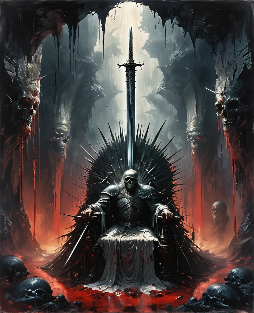 Cave,Underground Kingdom,Gothic style,A painting,(((Throne of Swords:1.37)))On a pile of skulls, Disturbing, crawl, gloomy, rotten, Blood rushes like a river,