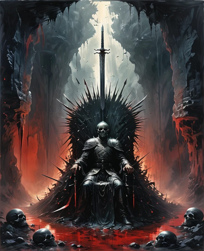 Cave，Underground Kingdom，Gothic style，A painting，(((Throne of Swords:1.37)))On a pile of skulls, Disturbing, crawl, gloomy, rotten, Blood rushes like a river，