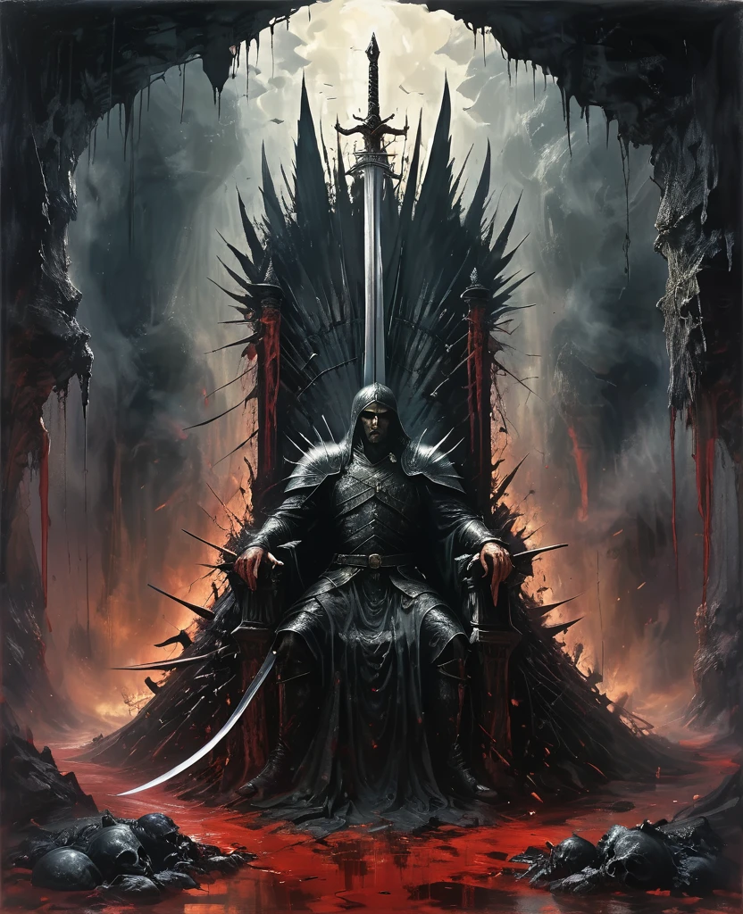 Cave，Underground Kingdom，Gothic style，A painting，(((Throne of Swords:1.37)))On a pile of skulls, Disturbing, crawl, gloomy, rotten, Blood rushes like a river，