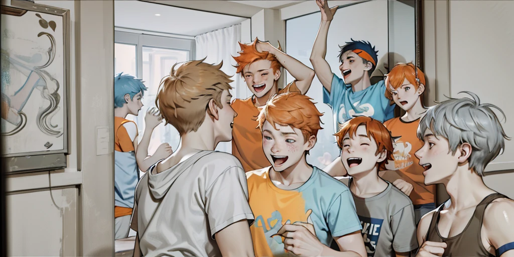 A group of 16 year olds with gray and blue and orange t-shirts with orange hair jumping and laughing and dancing at a party. They have orange hair and others have gray hair. They are in a luxurious living room of young people at a party.