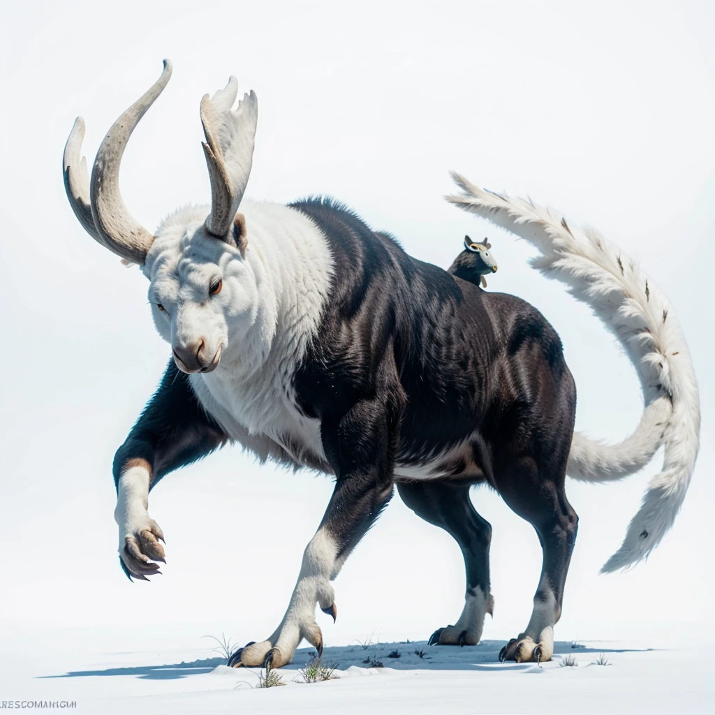 Big Animaly, his skin is full white albino, his eyes are blue, Argentinasaurus mixed with Moose, Grassroots, no background, owl head mixed