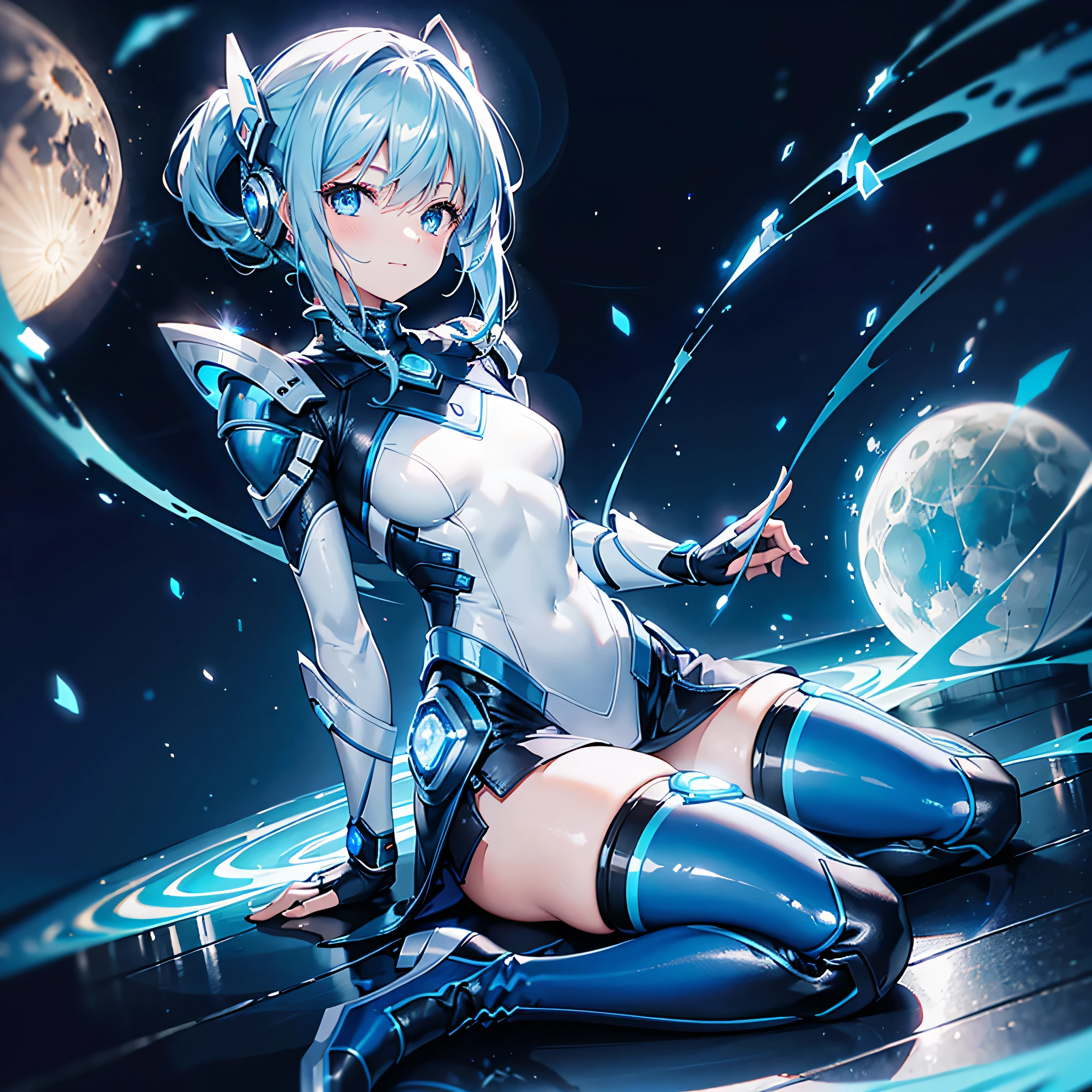 8K, Highest quality, (real:1.4), Original photo, 1 girl, Asari Hair, Biological Amplifier, Very sleek and futuristic armor, posture: Peace talks between warring factions,,attention arousal, smart blue eyes,A modest smile,Knee-high boots,Patent-look blue tights,Blue big moon and blue light swirl in the background,Blue light from behind,blue light magic,A small, glowing blue ball in the palm of your hand,Blue flame swirl,Blue Comet,Polished floor,