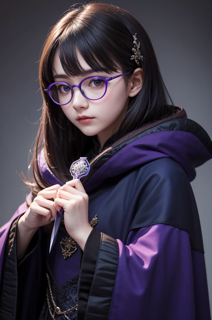 Girl dressed in a purple and dark blue cloak, wears round glasses, holds two blue knives