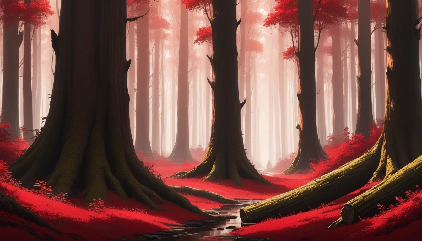 a wonderful red forest, very detailed, photographic, cinematic, 4k, tree trunks with realistic texture, undergrowth also with reddish tones, an incredible forest worthy of fantasy books. broad view