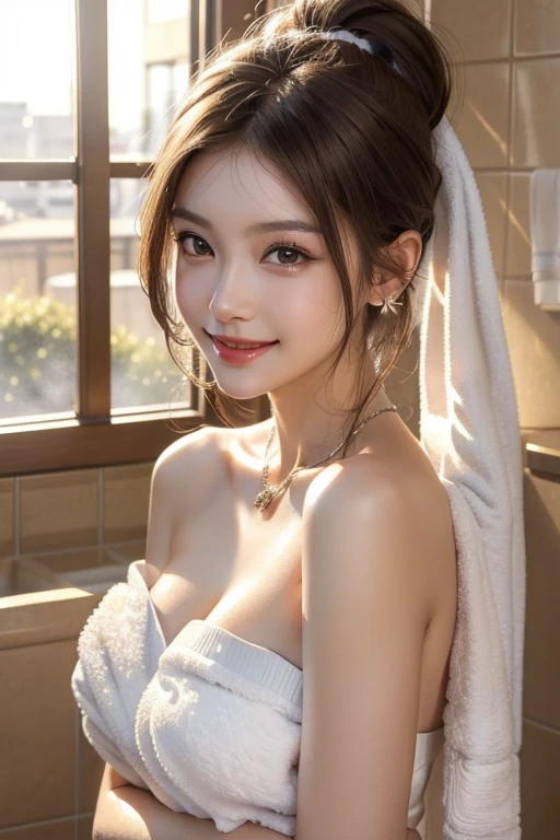 (the best质量, 8K,32k,masterpiece, Ultra HD:1.2),extremely detailed CG unity 8K wallpaper,Intricate details,RAW photos,(Reality:1.4),atmosphere,Ultra-high resolution,realistic,real,huge_File size,Ridiculous,(Center:1.3),Super Illustration,(Extremely detailed),light,various colors,Depth of Field,Artworks by Krenz Kushat,Golden Hour Lighting,Photographed by Canon EOS,SIGMA Art Lens 35mm F1.4,ISO 200 Shutter speed 2000,Blurred background,
rest,
1 Girl,(Smile:1.3),slim,(Ponytail:1.4),Solitary,20-year-old Japanese beauty,(bath towel:1.5),(Light brown hair:1.5),((Brown eyes)),Large Breasts,Chest, Soft and fair skin,Every detail sparkles,Pale skin,Very beautiful face,Good face shape,Natural and realistic face,the best,Beautiful and delicate eyes,Eye-catching eyes,The eyes are drawn in great detail, Smile with your mouth closed,Detailed mouth,Delicate lips,Beautiful shiny lips,Glossy lips,Simple earrings,necklace,Jewelry, Solitary focus,Low neckline,
rest,
Backlighting,Cool,permanent,
rest,
(Hook of Holland:1.4),Cowboy shooting,Looking at the audience,
rest,Ziyu,Aragaki Yui,