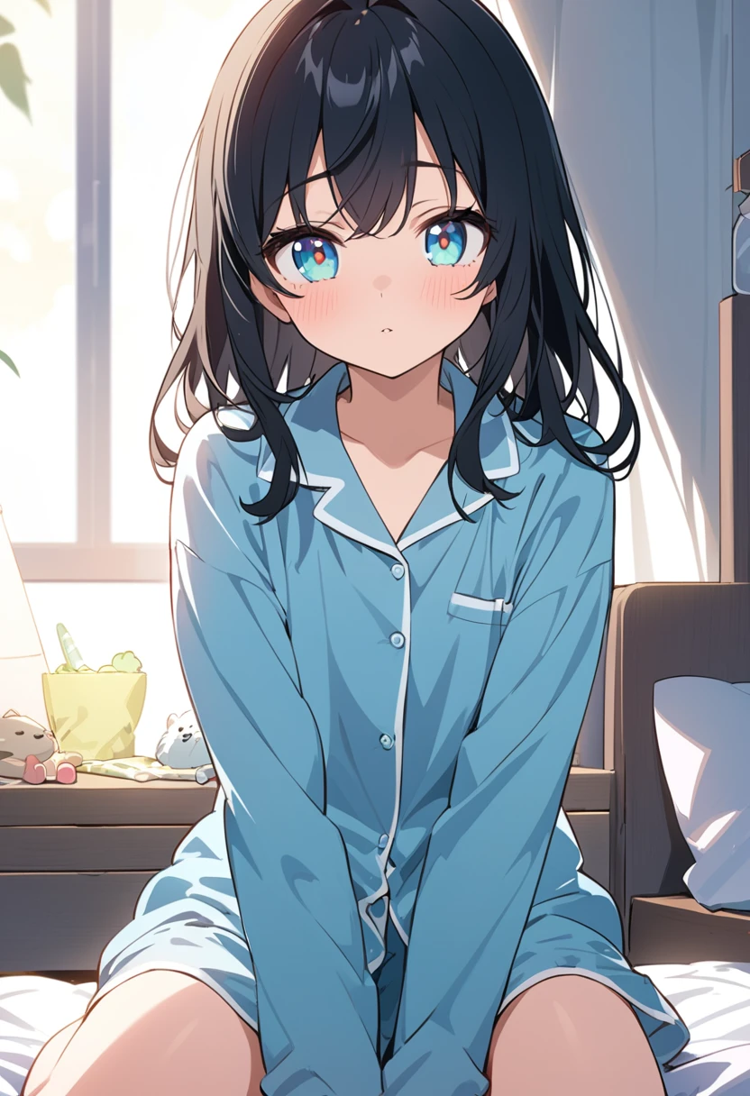 You are a professional illustrator。Please carefully check and draw the illustration according to the following conditions.、Morning Situation、A girl is sitting on her bed, gazing sleepily at the camera.、Delicate anime face、Big clear eyes、In pajamas、