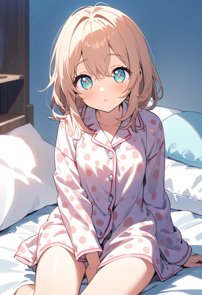 You are a professional illustrator。Please carefully check and draw the illustration according to the following conditions.、Morning Situation、A girl is sitting on her bed, gazing sleepily at the camera.、Delicate anime face、Big clear eyes、In pajamas、