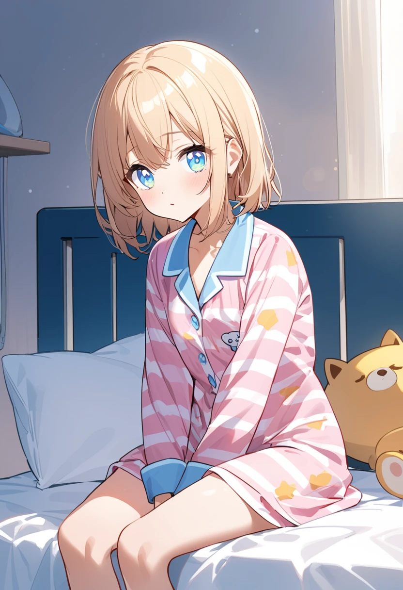 You are a professional illustrator。Please carefully check and draw the illustration according to the following conditions.、Morning Situation、A girl is sitting on her bed, gazing sleepily at the camera.、Delicate anime face、Big clear eyes、In pajamas、